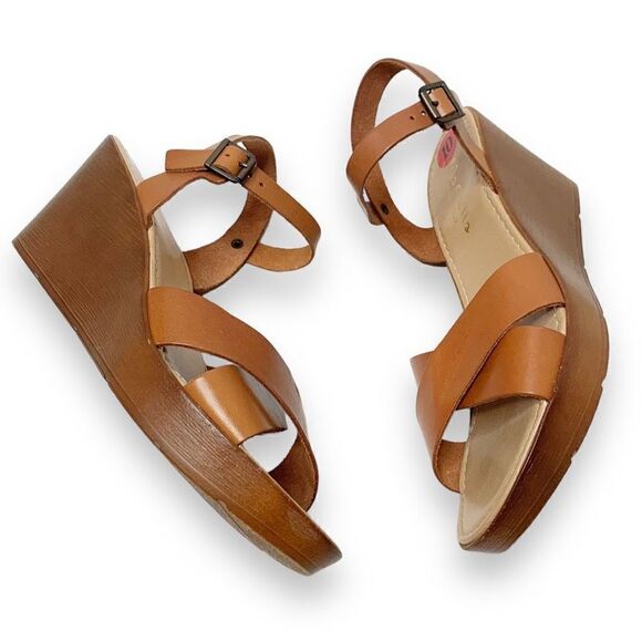 Mariella Women’s Leather Ankle Strap Wooden Wedge Cross Straps Tan Sandal Sz 10M - Picture 3 of 9